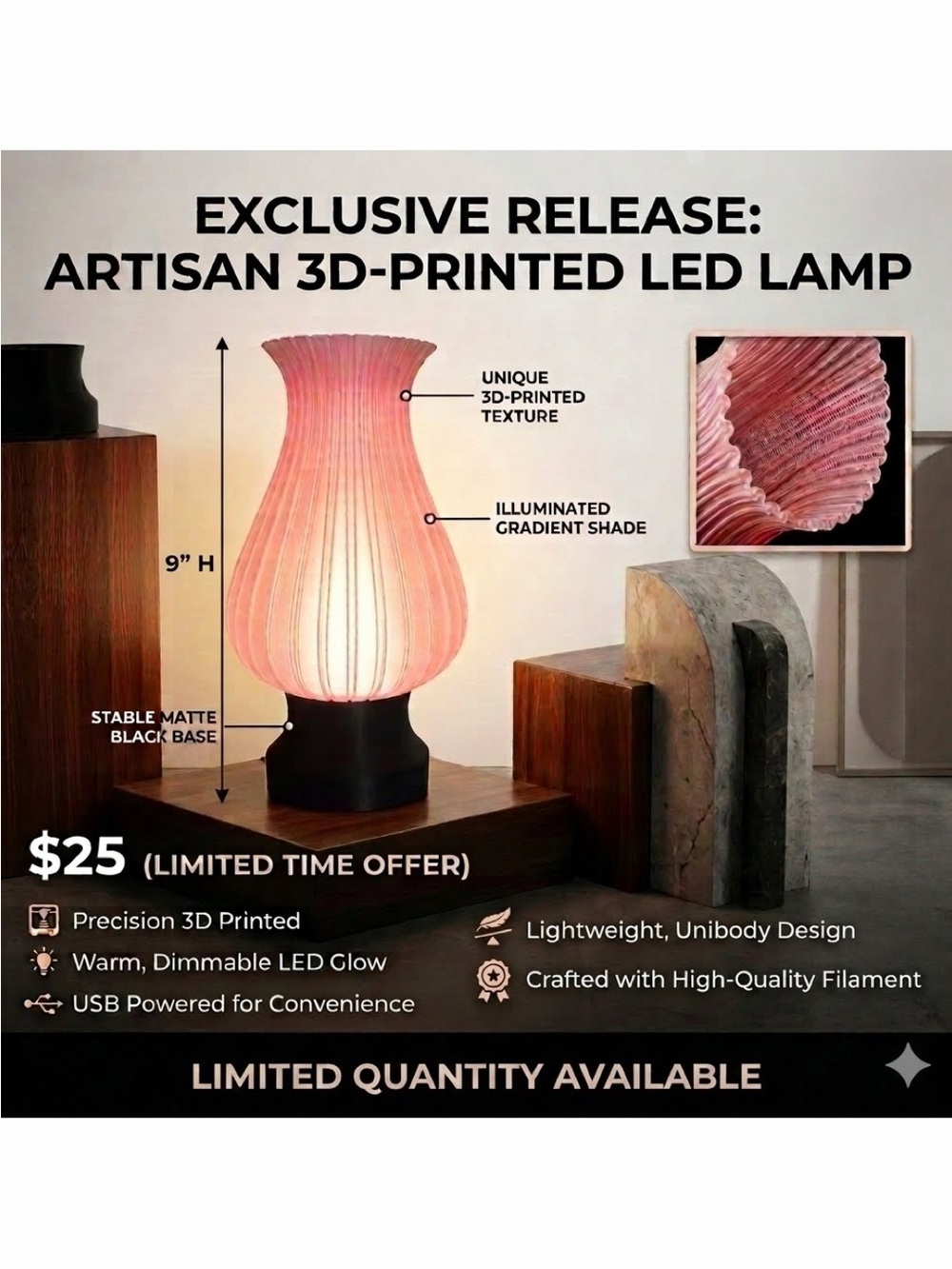 3D-Printed Gradient LED Table Lamp - Pink Gradient NWOT